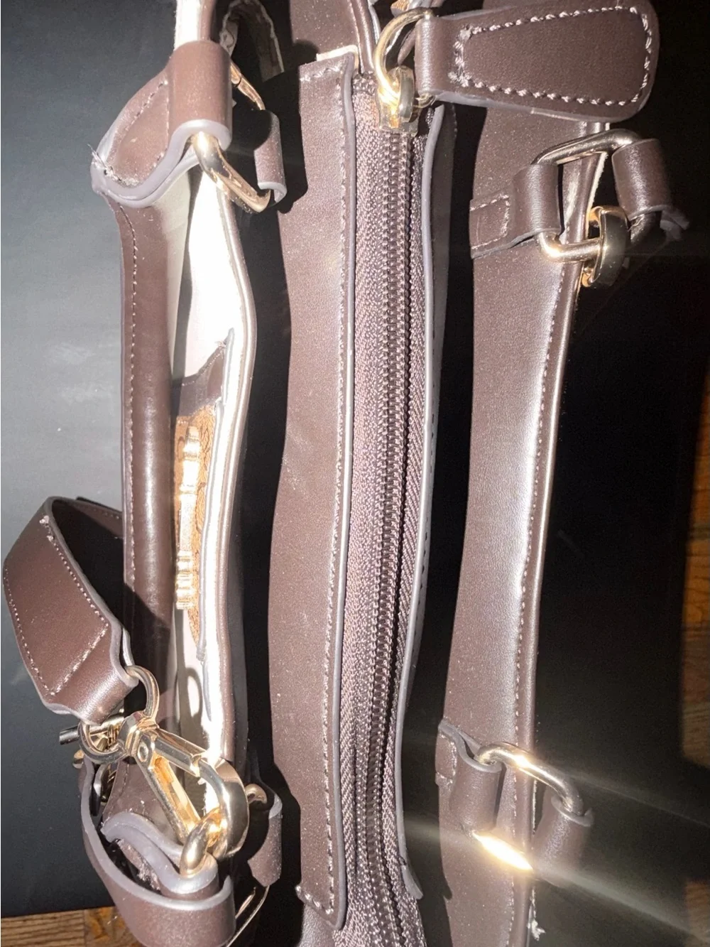 Guess Cream Canvas and Brown Leather-Trim Satchel with Logo Stripe